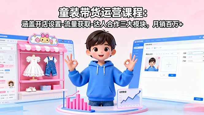 童装带货运营课程：涵盖开店设置-流量获取-达人合作三大模块，月销百万+-老菜鸟