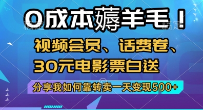 0成本薅羊毛!视频会员、话费卷、30元电影票白送，分享我如何靠转卖一天变现500+-老菜鸟
