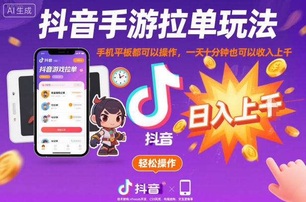 抖音手游拉单玩法，手机平板都可以操作，一天十分钟也可以收入上千-老菜鸟