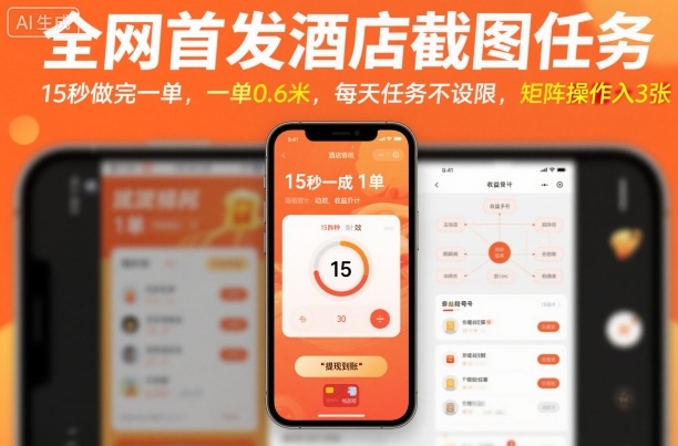 全网首发酒店截图任务，15秒做完一单，一单0.6米，每天任务不设限，矩阵操作日入300+-老菜鸟