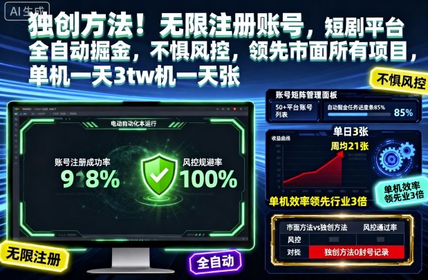 独创方法！无限注册账号，短剧平台全自动掘金，不惧风控，领先市面所有项目，单机一天3张-老菜鸟