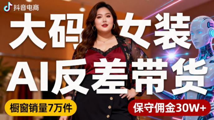 抖音小众赛道，大码女装AI反差带货，不用直播，每天6条作品，橱窗卖7万件，保守佣金30W+-老菜鸟