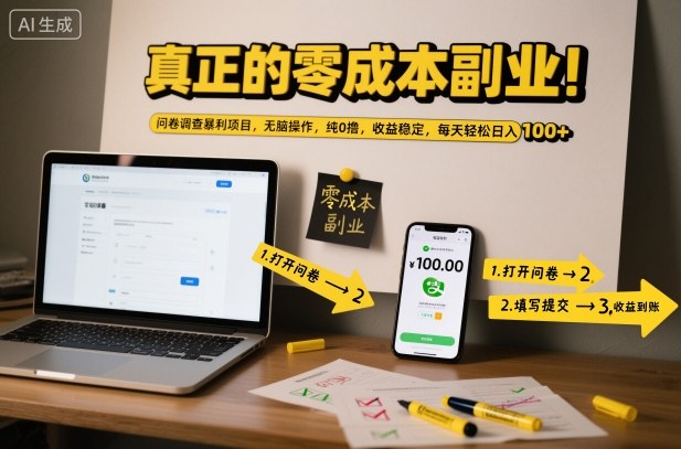 真正的零成本副业！问卷调查暴利项目，无脑操作，纯0撸，收益稳定，每天轻松日入100+-老菜鸟