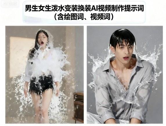 男生女生泼水变装换装AI视频制作提示词(含绘图词、视频词)-老菜鸟