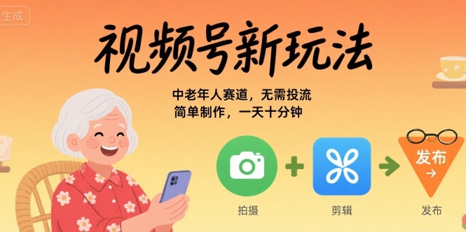 视频号新玩法，中老年人赛道，无需投流，简单制作，一天十分钟，月入1W-老菜鸟
