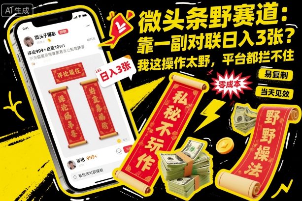 微头条野赛道，靠一副对联日入3张？我这操作太野，平台都拦不住！-老菜鸟