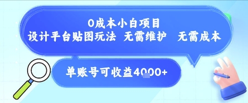 0成本小白项目，设计平台贴图玩法，无需维护，无需成本，单账号单月可产生收益4k+-老菜鸟
