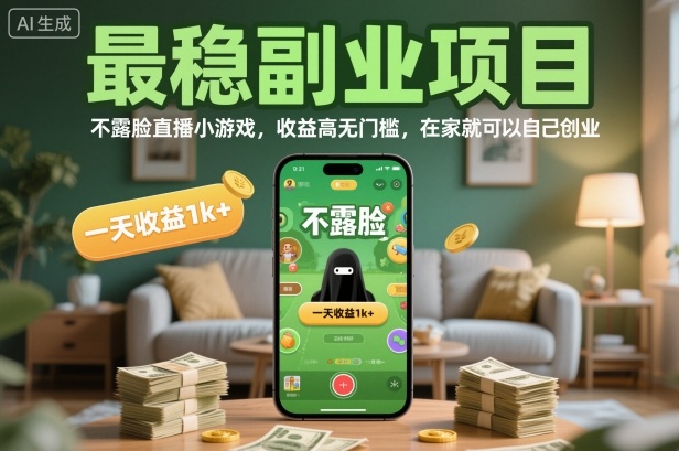 最稳副业项目，不露脸直播小游戏，收益高无门槛，一天收益1k+，在家就可以自己创业-老菜鸟