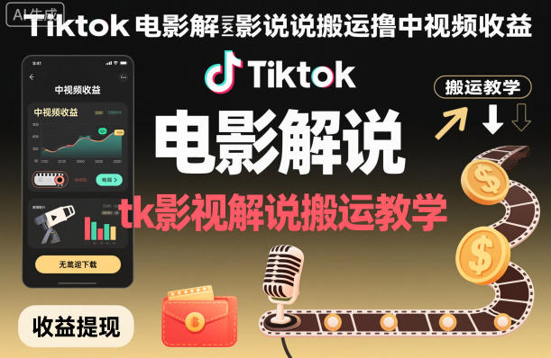 Tiktok电影解说搬运撸中视频收益，tk影视解说搬运教学-老菜鸟