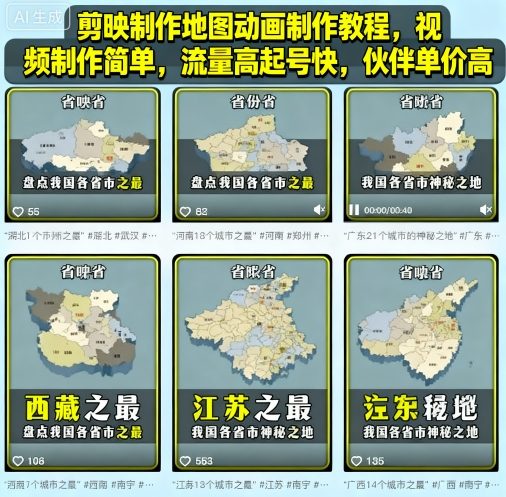 地理科普账号搭建与变现，剪映制作地图动画教程，视频制作简单，流量高起号快，伙伴单价高-老菜鸟