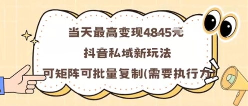 当天最高变现1k+，抖音私域新玩法，可矩阵可批量复制-老菜鸟