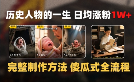 历史人物的一生 日均涨粉1W+，完整制作方法 傻瓜式全流程-老菜鸟