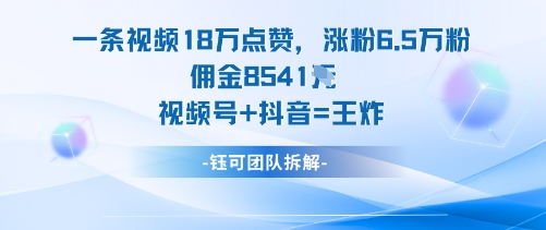 一条视频18W点赞，涨粉6.5W粉佣金8541米，视频号+抖音=王炸-老菜鸟