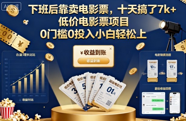 下班后靠卖电影票，十天搞了7k+，低价电影票项目，0门槛0投入小白轻松上手-老菜鸟