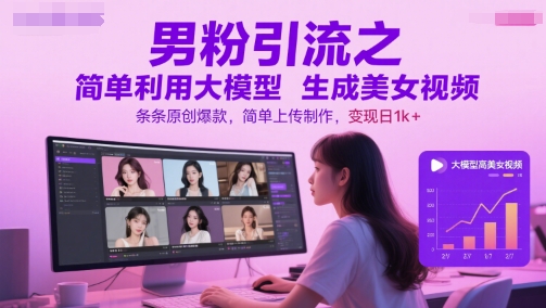 男粉引流之简单利用大模型生成美女视频,条条原创爆款,简单上传制作,变现日1000+-老菜鸟