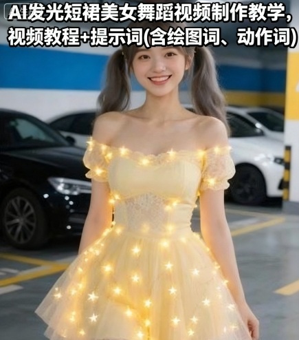 AI发光短裙美女舞蹈视频制作教学，视频教程+提示词(含绘图词、动作词)-老菜鸟