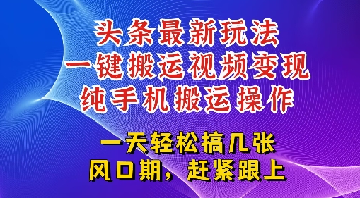 今日头条最新玩法，一键搬运视频也能轻松变现，随随便便就爆百W流量，新风口新玩法-老菜鸟