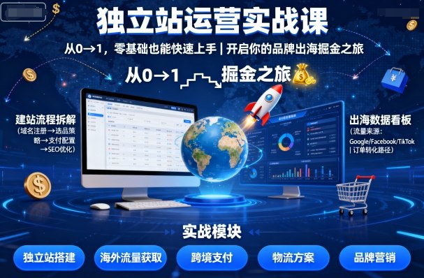独立站运营实战课，​从0到1，零基础也能快速上手，开启你的品牌出海掘金之旅-老菜鸟