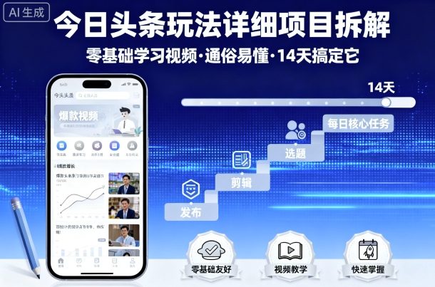 今日头条玩法详细项目拆解，零基础学习视频 通俗易懂 14天搞定它-老菜鸟