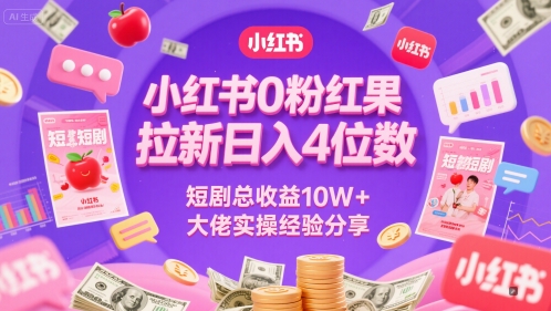 小红书0粉红果短剧拉新日入4位数，短剧总收益10W+大佬实操经验分享-老菜鸟