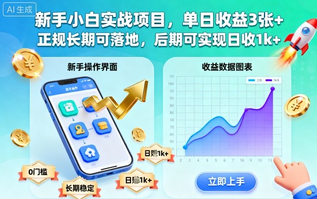 新手小白实战项目，单日收益300+，正规长期可落地，后期可实现日收1k+-老菜鸟