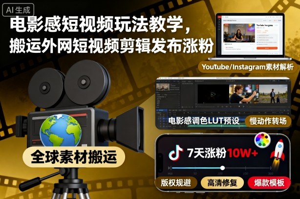 电影感短视频玩法教学，搬运外网短视频剪辑发布涨粉-老菜鸟