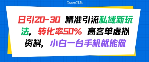 日引 20-30 精准引流私域新玩法，转化率50% 高客单虚拟资料，小白一台手机就能做-老菜鸟