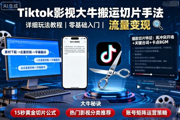 Tiktok影视大牛搬运切片手法，详细玩法教程-老菜鸟