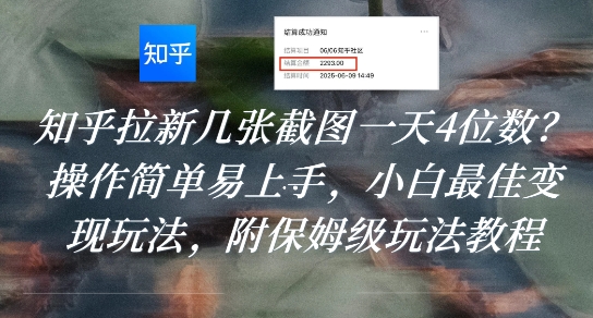 知乎拉新几张截图一天4位数？操作简单易上手，小白最佳变现玩法，附保姆级玩法教程-老菜鸟