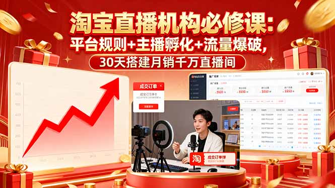 淘宝直播机构必修课：平台规则/主播孵化/流量爆破,30天搭建月销千万直播间-老菜鸟