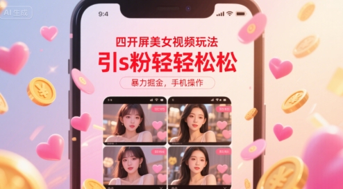 四开屏美女视频玩法，引s粉轻轻松松，暴力掘金，手机操作-老菜鸟