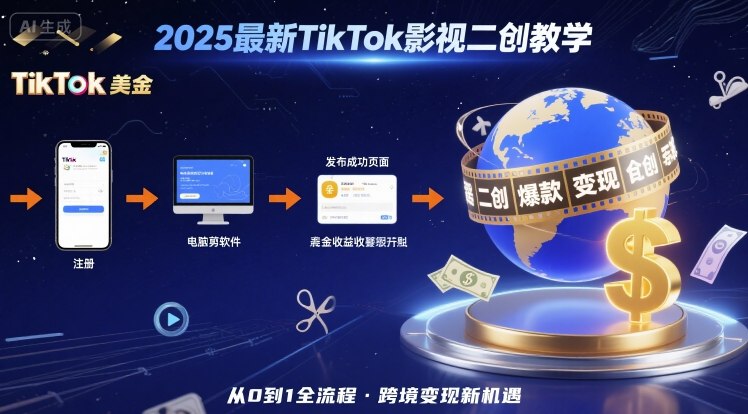 2025年最新TikTok影视二创教学，从注册到发布撸美金全流程，跨境变现新机遇-老菜鸟