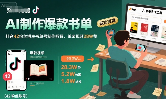 AI制作爆款书单，抖音42粉丝博主书单号制作拆解，单条视频28W赞-老菜鸟