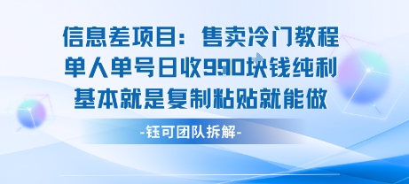 信息差项目：售卖冷门教程单人单号日收9张纯利基本就是复制粘贴就能做-老菜鸟