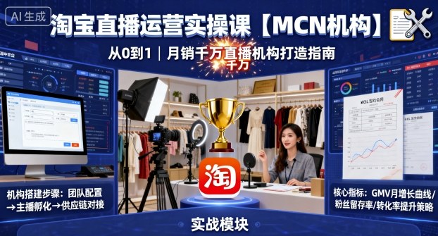 淘宝直播运营实操课【MCN机构】，从0到1做一家月销千W的直播机构-老菜鸟