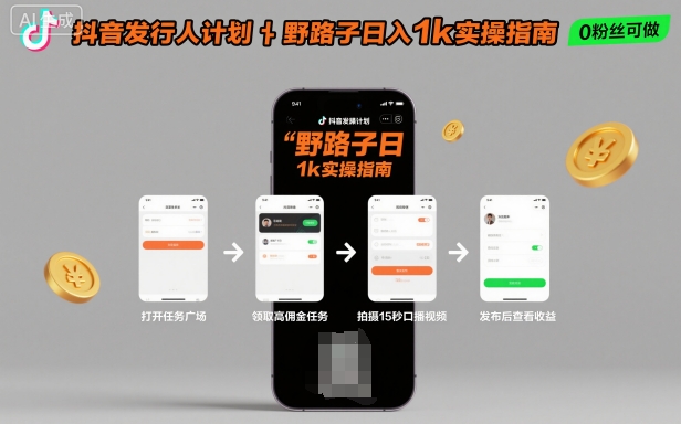 抖音发行人计划全新野路子玩法，随时随地，只要有手机，就能操作，日入1k+-老菜鸟