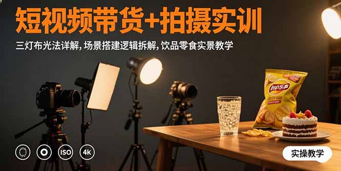 短视频带货+拍摄实训：三灯布光法详解,场景搭建逻辑拆解,饮品零食实景教学-老菜鸟