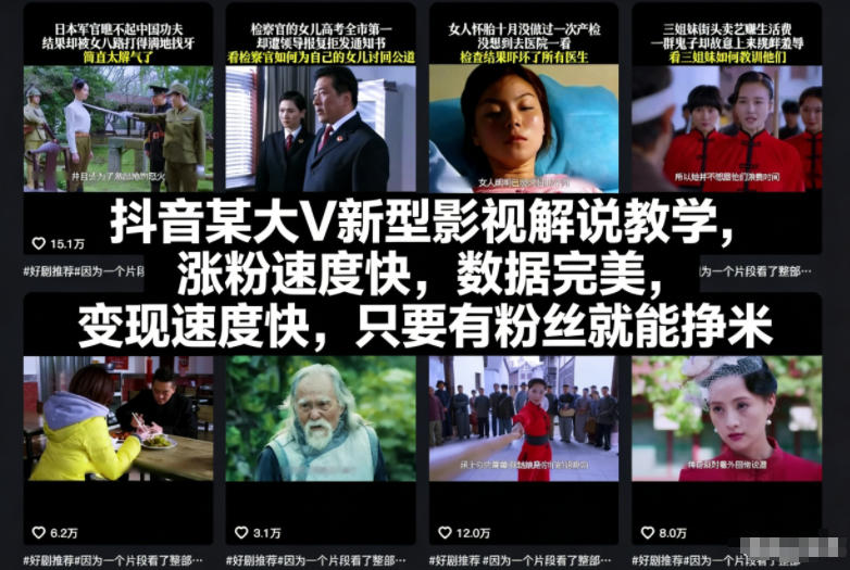 抖音某大V新型影视解说教学，涨粉速度快，数据完美，变现速度快，只要有粉丝就能挣米-老菜鸟