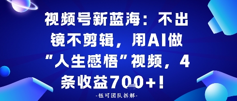 视频号新蓝海：不出镜不剪辑，用AI做“人生感悟”视频，4条收益7张-老菜鸟