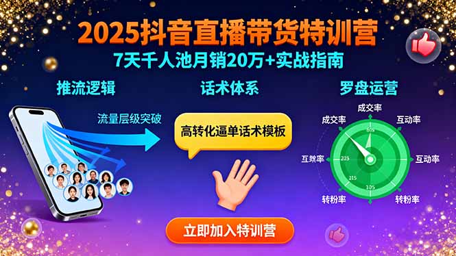 2025抖音直播带货特训：推流逻辑、话术体系、罗盘运营,7天千人池月销20万+-老菜鸟