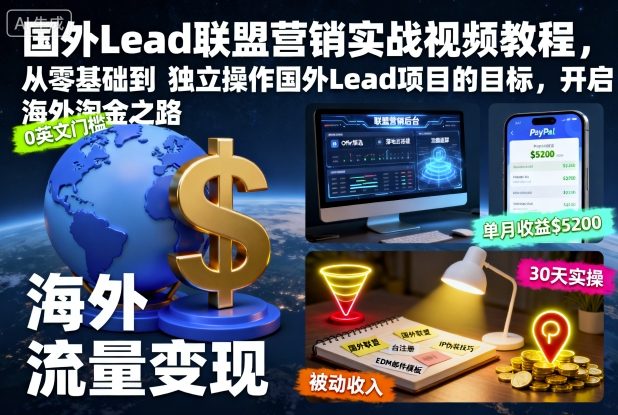 国外Lead联盟营销实战视频教程，从零基础到独立操作国外Lead项目的目标，开启海外淘金之路-老菜鸟