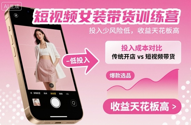 短视频女装带货训练营，投入少风险低，收益天花板高-老菜鸟