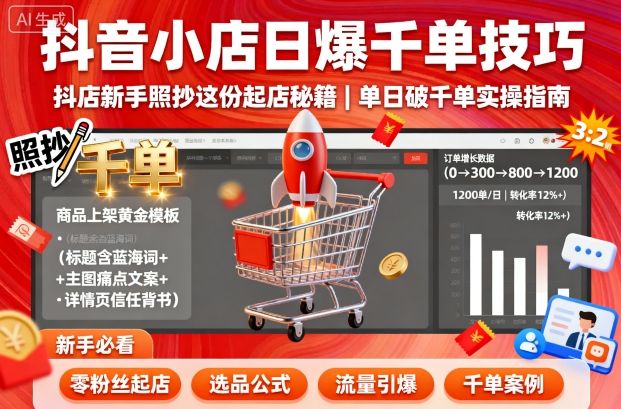 抖音小店日爆千单技巧，抖店新手照抄这份起店秘籍，单日破千单-老菜鸟